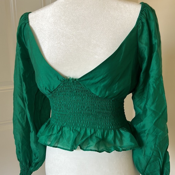 Medium M Emerald Green WAYF Blouse Top Cinched Waist Peplum - Picture 2 of 4